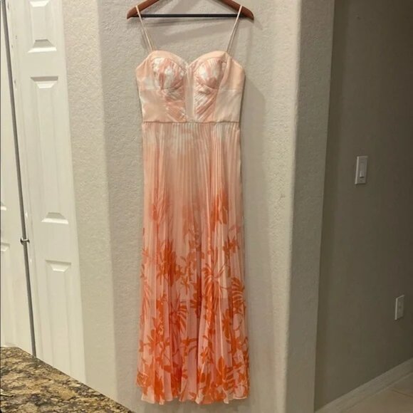 Karen Millen Ombre Floral Pleated Bustier Maxi Dress - Orange Size US 8 - Picture 4 of 8